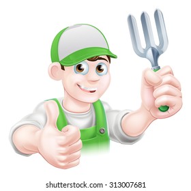 Cartoon happy gardener in a cap and dungarees holding a garden fork tool and giving a thumbs up