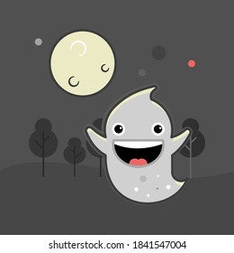 Cartoon of happy ghost flying around at night in the moonlight. Halloween concept. Flat style illustration. 