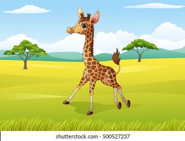Cartoon Happy giraffe in the African landscape

