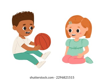 Cartoon happy girl and boy playing with ball and smiling. Cute vector illustration isolated on white background.