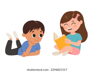 Cartoon happy girl and boy reading book and smiling. Cute vector illustration isolated on white background.