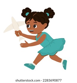 Cartoon happy girl of color playing with airplane and smiling. Cute vector illustration isolated on white background.