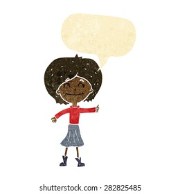 cartoon happy girl giving thumbs up symbol with speech bubble