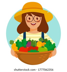Cartoon of Happy Girl Holding Basket Full of Vegetables - Vector Isolated Illustration