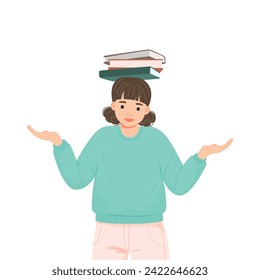 Cartoon happy girl  holding books on her head. Student studying and preparing for examination. Vector illustration about education