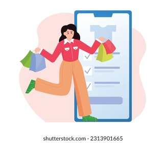 Cartoon happy girl holding shopping in hands in front of mobile app. Purchasing goods via Internet during big sales and discounts. Consumer society and commercial business. Vector