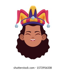 cartoon happy girl with jester hat icon over white background, vector illustration