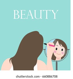 Cartoon Happy girl looking in the mirror and applying makeup