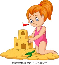 Cartoon happy girl making sand castle