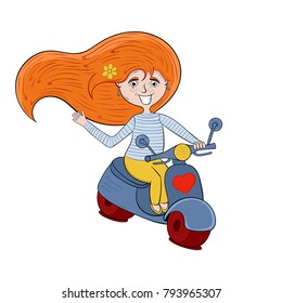 cartoon happy girl on a scooter, vector illustration