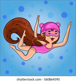 Cartoon happy girl in a pink swimsuit cap and mask swimming under water. vector.