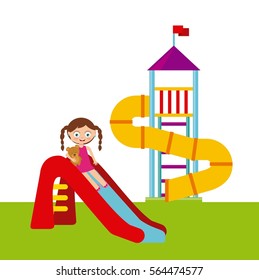 cartoon happy girl playing on the playground games. colorful design. vector illustration