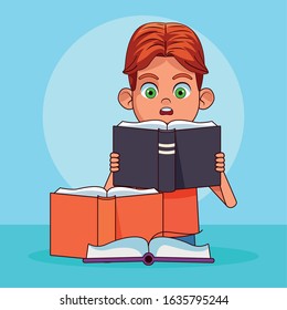 cartoon happy girl reading a book over blue background, colorful design, vector illustration