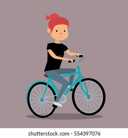 Cartoon happy girl riding a bicycle. Vector illustration
