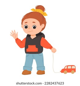 Cartoon happy girl standing with toy car and smiling. Cute vector illustration isolated on white background.