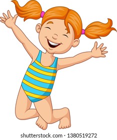 Cartoon happy girl in a swimsuit 