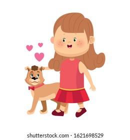 cartoon happy girl walking with cute dog over white background, vector illustration