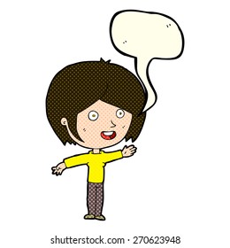 cartoon happy girl waving with speech bubble