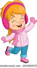 Cartoon happy girl wearing winter clothes