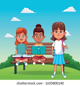 cartoon happy girls with book sitting on a bench and girl standing over landscape background, colorful design, vector illustration