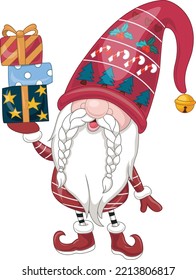 Cartoon happy gnomes holding stack of gift boxes