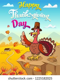 Cartoon happy gobbler. Happy thanksgiving day! Greeting card. Happy turkey in pilgrim hat against the background with autumn landscape. Falling autumn leaves. Comic poster.