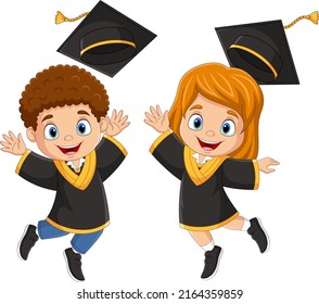 Cartoon Happy Graduation Children Jumping Stock Vector (Royalty Free ...