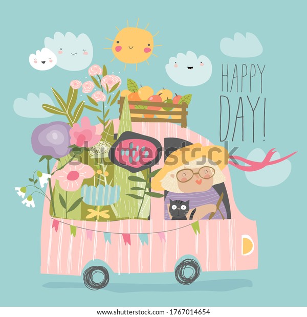 Cartoon\
happy grandmother driving a car with\
flowers