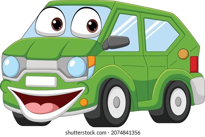 Cartoon happy green car on white background