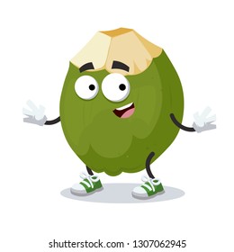 cartoon happy green coconut fruit mascot smiling on white background