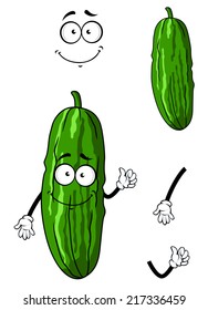 Cartoon happy green cucumber or gherkin vegetable with smiling face isolated on white