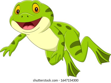 Cartoon happy green frog jumping