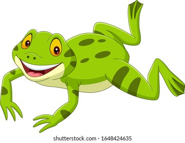 Cartoon happy green frog jumping