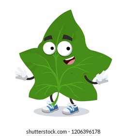 cartoon happy green ivy leaf mascot smiling on white background
