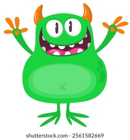 Cartoon happy green monster with funny excited face expression waving hands . Vector illustration isolated on white. Halloween design.