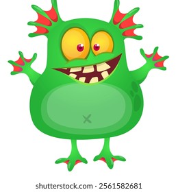 Cartoon happy green monster with funny excited face expression waving hands . Vector illustration isolated on white. Halloween design.