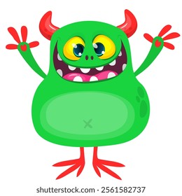 Cartoon happy green monster with funny excited face expression waving hands . Vector illustration isolated on white. Halloween design.