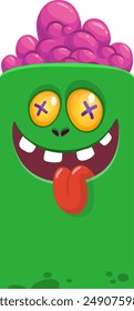 Cartoon happy green zombie character with his brains out. Halloween design vector isolated.