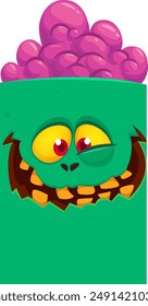 Cartoon happy green zombie character with his brains out. Halloween design vector isolated.