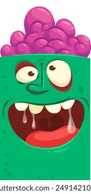 Cartoon happy green zombie character with his brains out. Halloween design vector isolated.