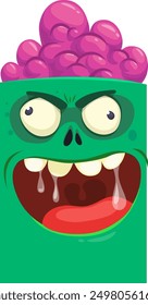 Cartoon happy green zombie character with his brains out. Halloween design vector isolated.