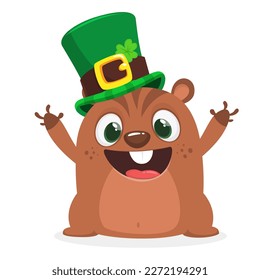 Cartoon happy groundhog or chipmunk character wearing st patrick's hat with a clover. Vector illustration for Saint Patrick's Day. Party poster design