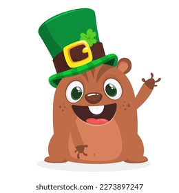 Cartoon happy groundhog or chipmunk character wearing st patrick's hat with a clover. Vector illustration for Saint Patrick's Day. Party poster design