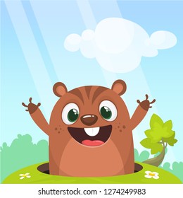 Cartoon  Happy Groundhog day card with cute brown groundhog or marmot or woodchuck isolated on meadow green grass background