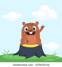 Cartoon  Happy Groundhog day card with cute brown groundhog or marmot or woodchuck standing on a stump in a meadow green grass background