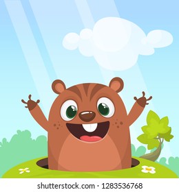 Cartoon  Happy Groundhog day card with cute brown groundhog or marmot or woodchuck isolated on meadow green grass background