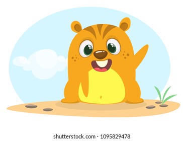 Cartoon happy groundhog or marmot or woodchuck waving his hands. Vector illustration. Groundhog day. 