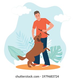 Cartoon Happy Guy Dog Nature Healthy Lifestyle Favorite Pet
