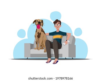 Cartoon Happy Guy With Dog Sitting On Sofa.