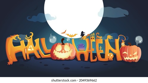 Cartoon happy halloween dark night full moon scary jack lantern bat typography design text premium vector